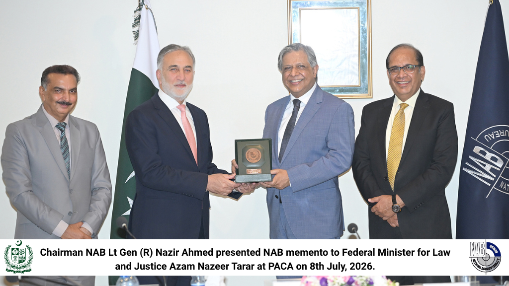 Chairman NAB Lt Gen (R) Nazir Ahmed presented NAB memento to Federal Minister for Law and Justice Azam Nazeer Tarar at PACA on 8th July, 2026.