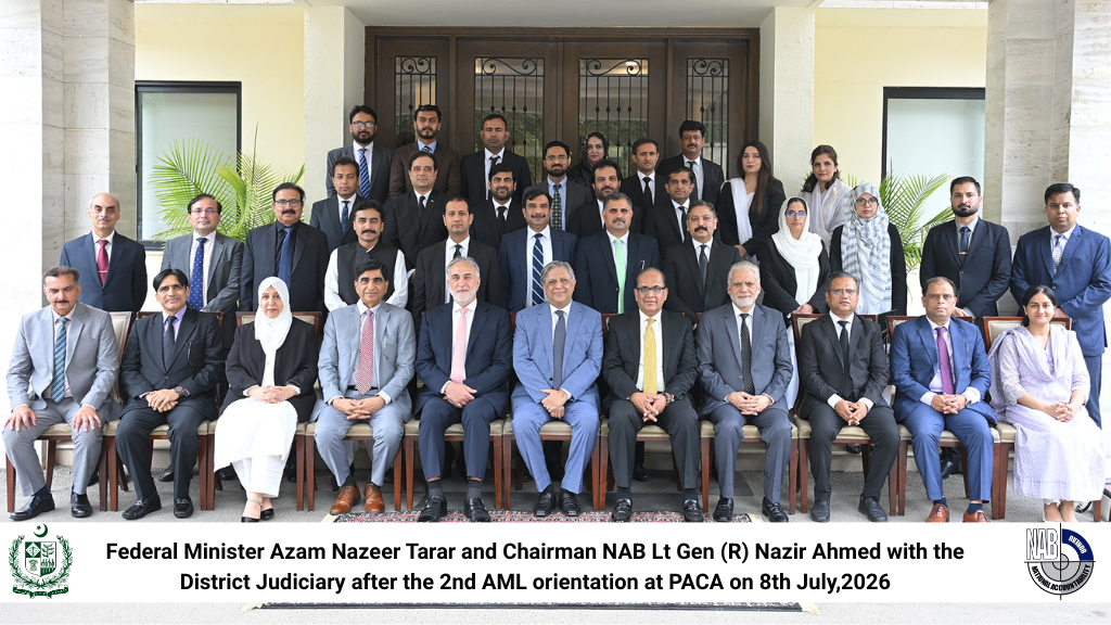 Federal Minister Azam Nazeer Tarar and Chairman NAB Lt Gen (R) Nazir Ahmed with the District Judiciary after the 2nd AML orientation at PACA on 8th July,2026