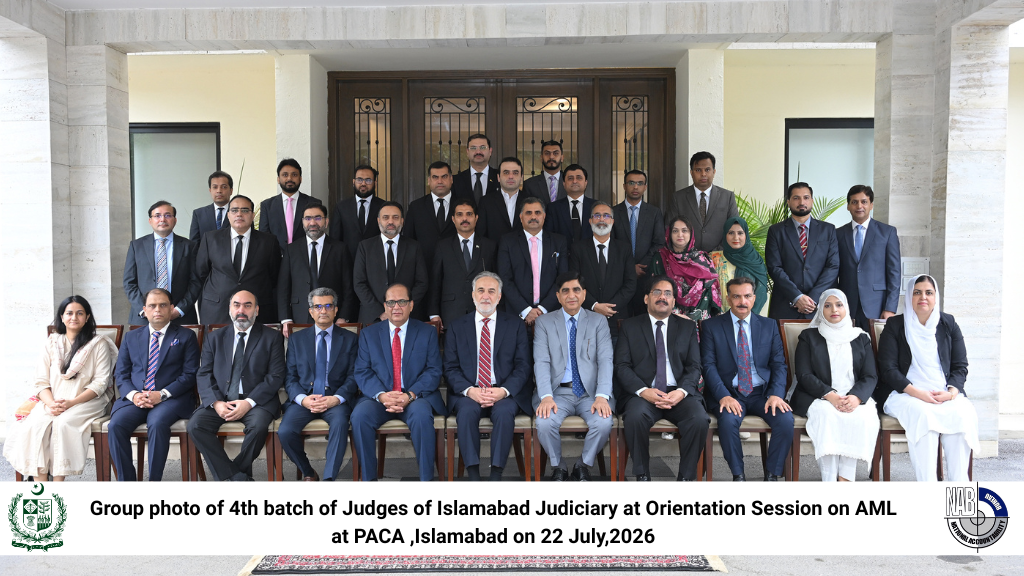 Group photo of Chairman NAB Gen r Nazir Ahmed 4th batch of Judges of Islamabad Judiciary at Orientation Session on AML at PACA ,Islamabad on 22 July,2026
